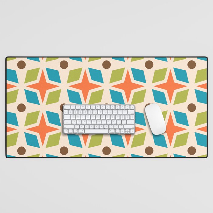 Mid Century Modern Abstract Star Dot Pattern 441 Orange Brown Turquoise Chartreuse Desk Mat Gallery Image 1