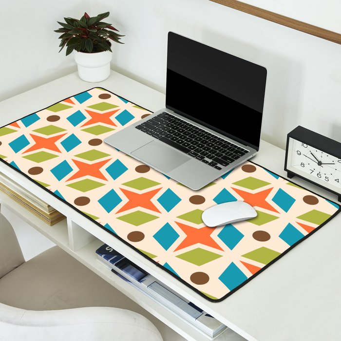 Mid Century Modern Abstract Star Dot Pattern 441 Orange Brown Turquoise Chartreuse Desk Mat Gallery Image 2