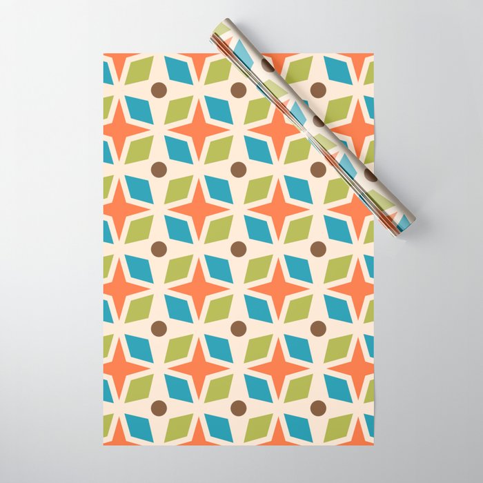 Mid Century Modern Abstract Star Dot Pattern 441 Orange Brown Turquoise Chartreuse Wrapping Paper Gallery Image 1