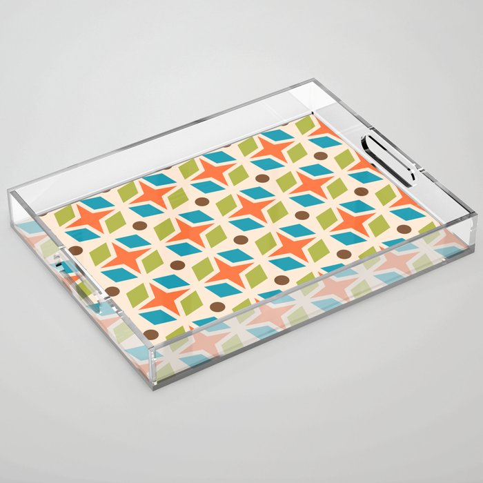 Mid Century Modern Abstract Star Dot Pattern 441 Orange Brown Turquoise Chartreuse Acrylic Tray Gallery Image 1