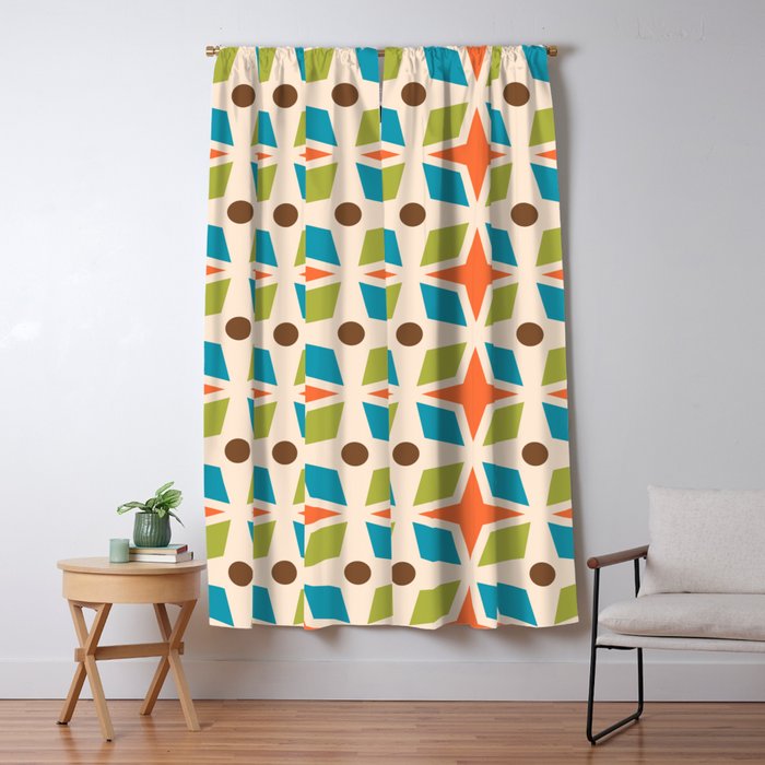 Mid Century Modern Abstract Star Dot Pattern 441 Orange Brown Turquoise Chartreuse Window Curtain Gallery Image 5