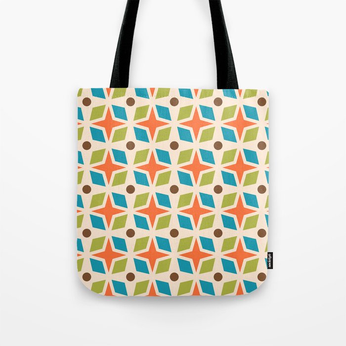 Mid Century Modern Abstract Star Dot Pattern 441 Orange Brown Turquoise Chartreuse Tote Bag Gallery Image 1