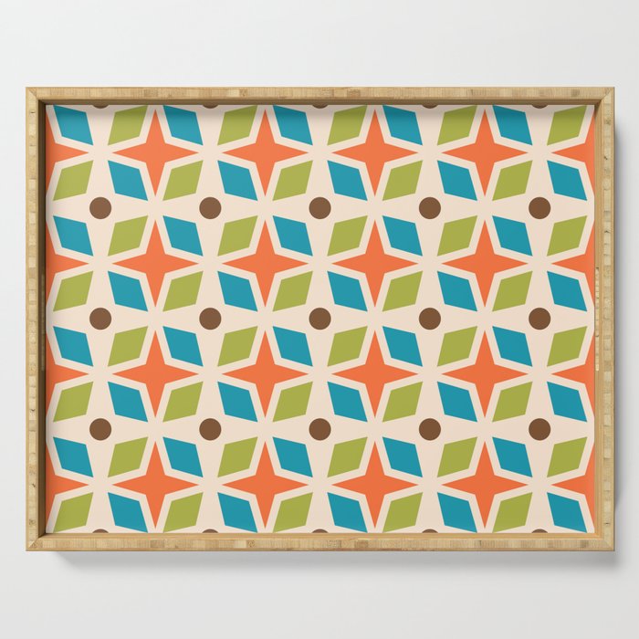 Mid Century Modern Abstract Star Dot Pattern 441 Orange Brown Turquoise Chartreuse Serving Tray Gallery Image 1