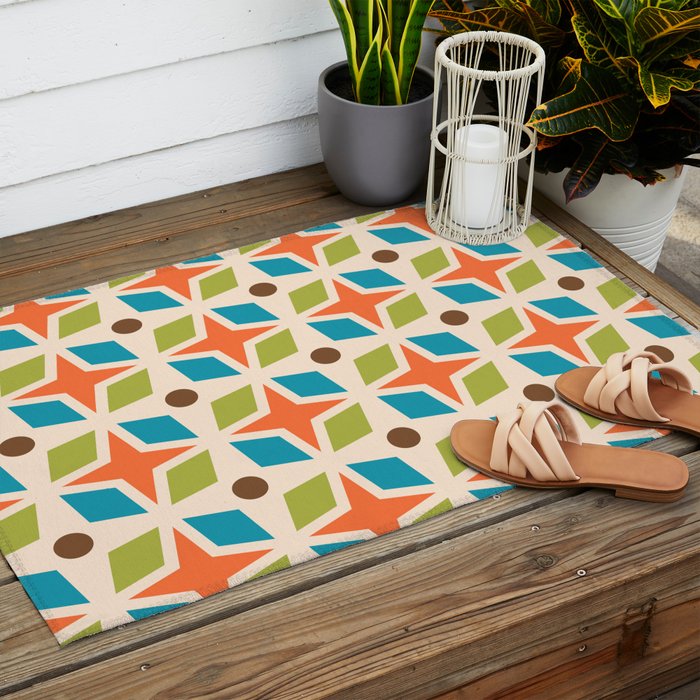 Mid Century Modern Abstract Star Dot Pattern 441 Orange Brown Turquoise Chartreuse Outdoor Rug Gallery Image 2