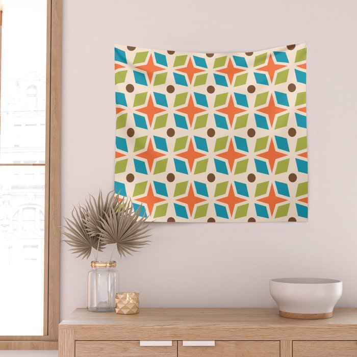 Mid Century Modern Abstract Star Dot Pattern 441 Orange Brown Turquoise Chartreuse Wall Tapestry Gallery Image 2