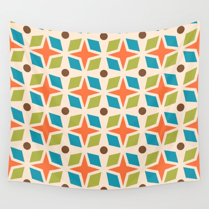 Mid Century Modern Abstract Star Dot Pattern 441 Orange Brown Turquoise Chartreuse Wall Tapestry Gallery Image 1