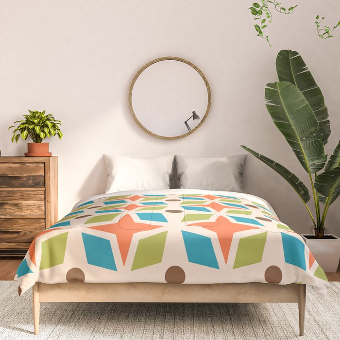 Mid Century Modern Abstract Star Dot Pattern 441 Orange Brown Turquoise Chartreuse Comforter Gallery Image 3