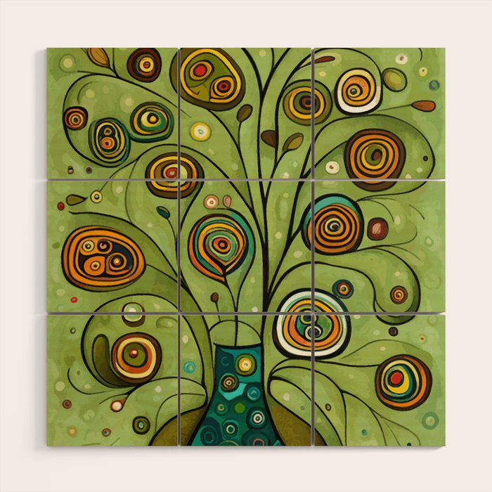 Cute Abstract Flowers in a Blue Green Vase Wood Wall Art Gallery Image 1