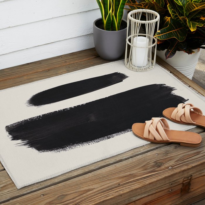 Mid Century Modern Minimalist Abstract Art Brush Strokes Black & White Ink Art Brush Strokes Outdoor Rug Gallery Image 2