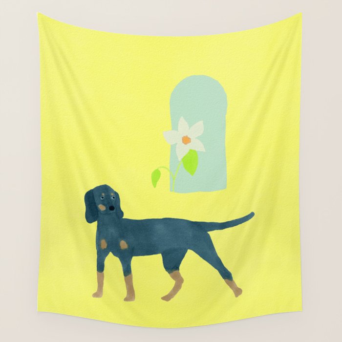 Dog and a Half-Round Window - Green and Yellow Wall Tapestry Gallery Image 1