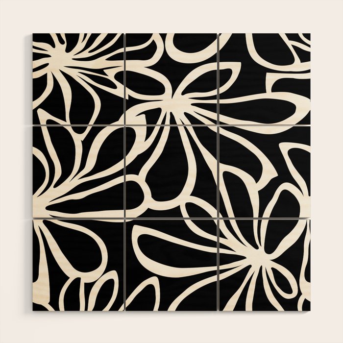 Abstract black and white flower art pattern Wood Wall Art Gallery Image 1