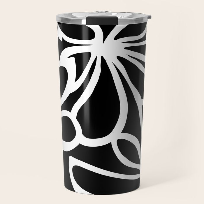 Abstract black and white flower art pattern Travel Mug Gallery Image 1