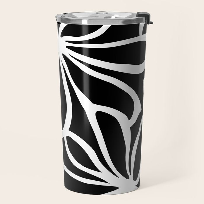 Abstract black and white flower art pattern Travel Mug Gallery Image 2