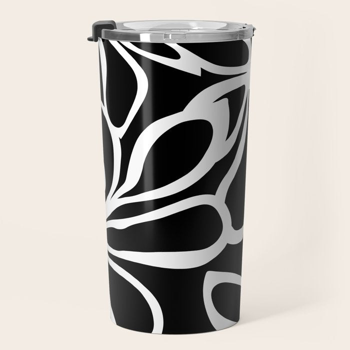Abstract black and white flower art pattern Travel Mug Gallery Image 3