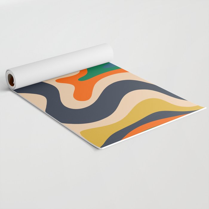 Retro Liquid Swirl Abstract Pattern Blue Beige Orange Mustard Green Yoga Mat Gallery Image 2