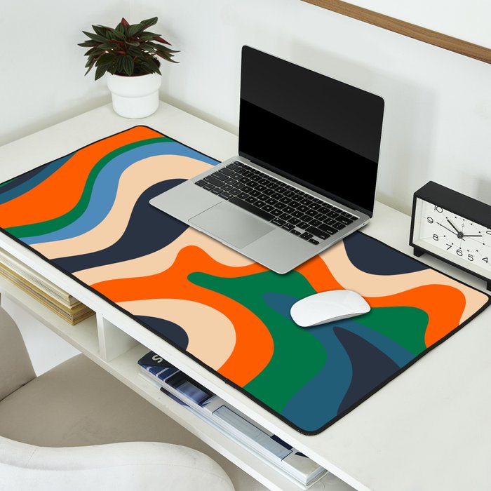 Retro Liquid Swirl Abstract Pattern Blue Beige Orange Mustard Green Desk Mat Gallery Image 2