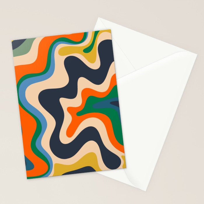 Retro Liquid Swirl Abstract Pattern Blue Beige Orange Mustard Green Stationery Card Gallery Image 2