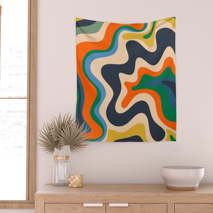 Retro Liquid Swirl Abstract Pattern Blue Beige Orange Mustard Green Wall Tapestry Gallery Image 2
