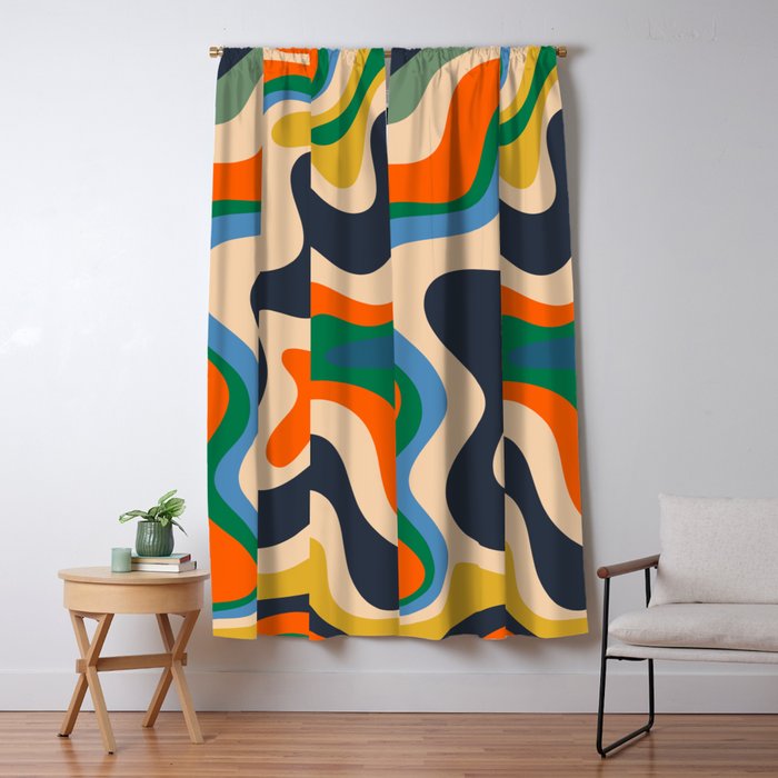 Retro Liquid Swirl Abstract Pattern Blue Beige Orange Mustard Green Window Curtain Gallery Image 1