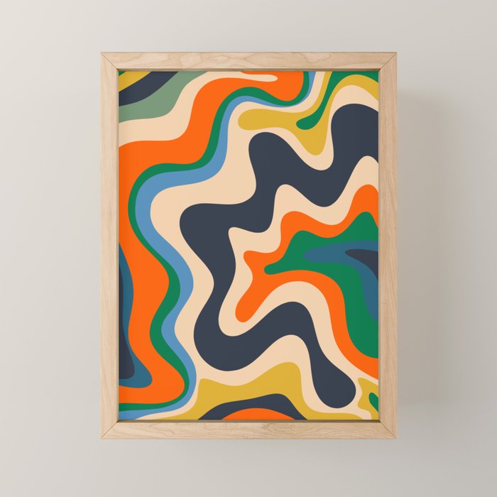 Retro Liquid Swirl Abstract Pattern Blue Beige Orange Mustard Green Mini Art Print Gallery Image 1