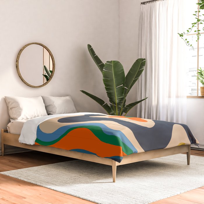 Retro Liquid Swirl Abstract Pattern Blue Beige Orange Mustard Green Comforter Gallery Image 2