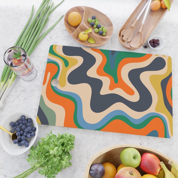 Retro Liquid Swirl Abstract Pattern Blue Beige Orange Mustard Green Cutting Board Gallery Image 2
