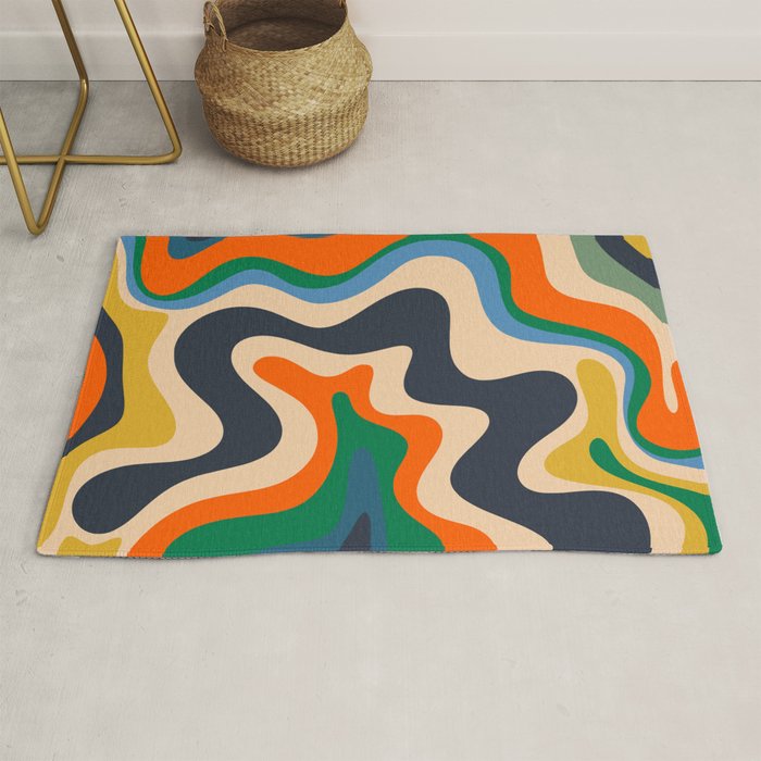 Retro Liquid Swirl Abstract Pattern Blue Beige Orange Mustard Green Rug Gallery Image 1