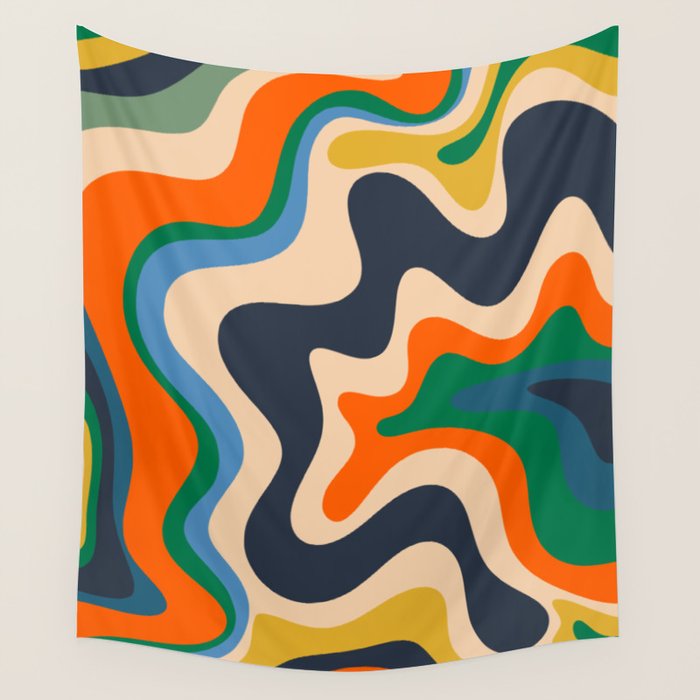 Retro Liquid Swirl Abstract Pattern Blue Beige Orange Mustard Green Wall Tapestry Gallery Image 4