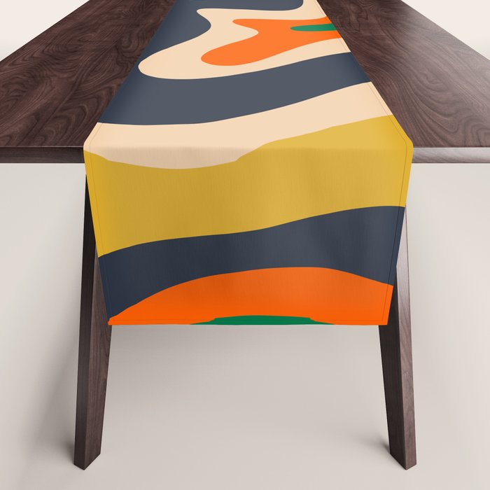 Retro Liquid Swirl Abstract Pattern Blue Beige Orange Mustard Green Table Runner Gallery Image 1