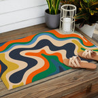 Retro Liquid Swirl Abstract Pattern Blue Beige Orange Mustard Green Outdoor Rug Gallery Image 2