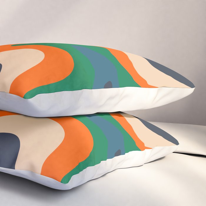Retro Liquid Swirl Abstract Pattern Blue Beige Orange Mustard Green Pillow Sham Gallery Image 3