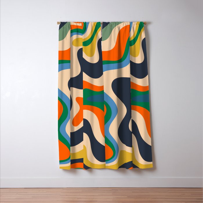 Retro Liquid Swirl Abstract Pattern Blue Beige Orange Mustard Green Window Curtain Gallery Image 3