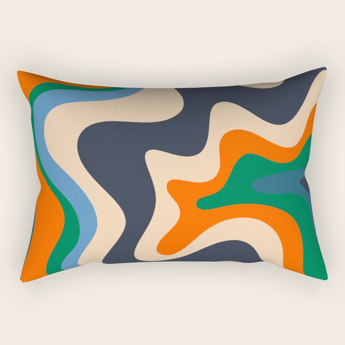 Retro Liquid Swirl Abstract Pattern Blue Beige Orange Mustard Green Rectangular Pillow Gallery Image 2