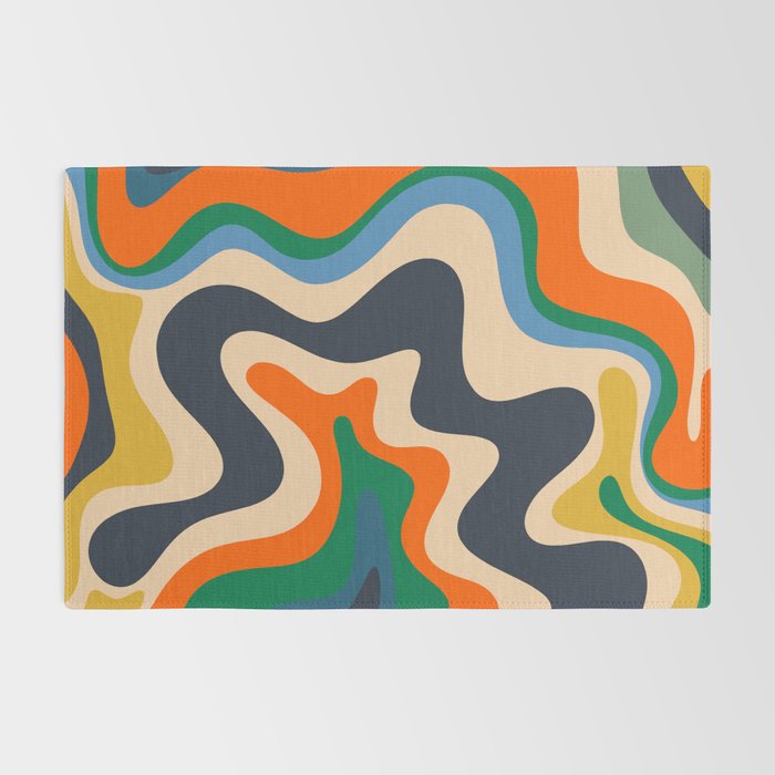 Retro Liquid Swirl Abstract Pattern Blue Beige Orange Mustard Green Rug Gallery Image 2