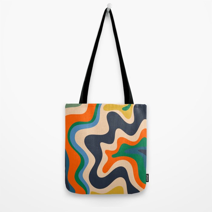Retro Liquid Swirl Abstract Pattern Blue Beige Orange Mustard Green Tote Bag Gallery Image 2