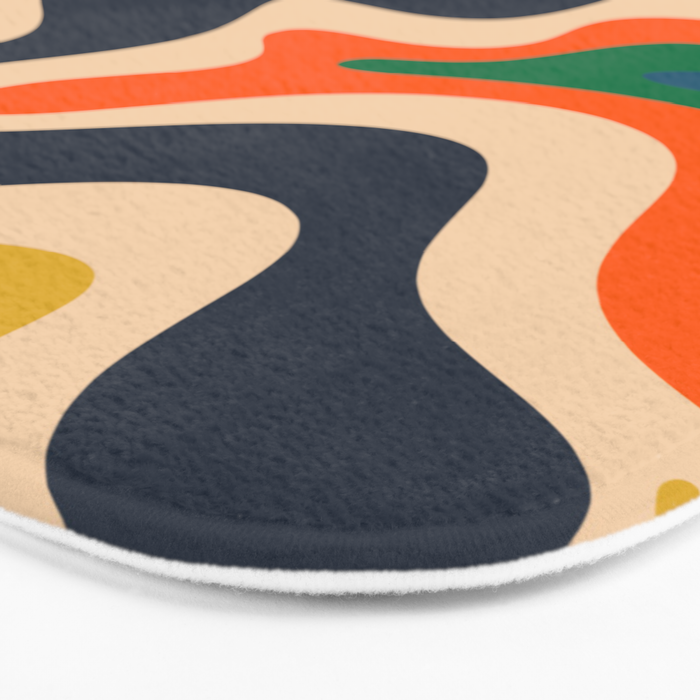 Retro Liquid Swirl Abstract Pattern Blue Beige Orange Mustard Green Bath Mat Gallery Image 3