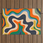 Retro Liquid Swirl Abstract Pattern Blue Beige Orange Mustard Green Outdoor Rug Gallery Image 1