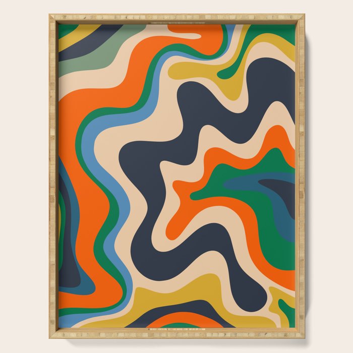 Retro Liquid Swirl Abstract Pattern Blue Beige Orange Mustard Green Serving Tray Gallery Image 1