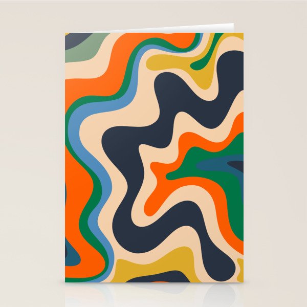 Retro Liquid Swirl Abstract Pattern Blue Beige Orange Mustard Green Stationery Card Gallery Image 1
