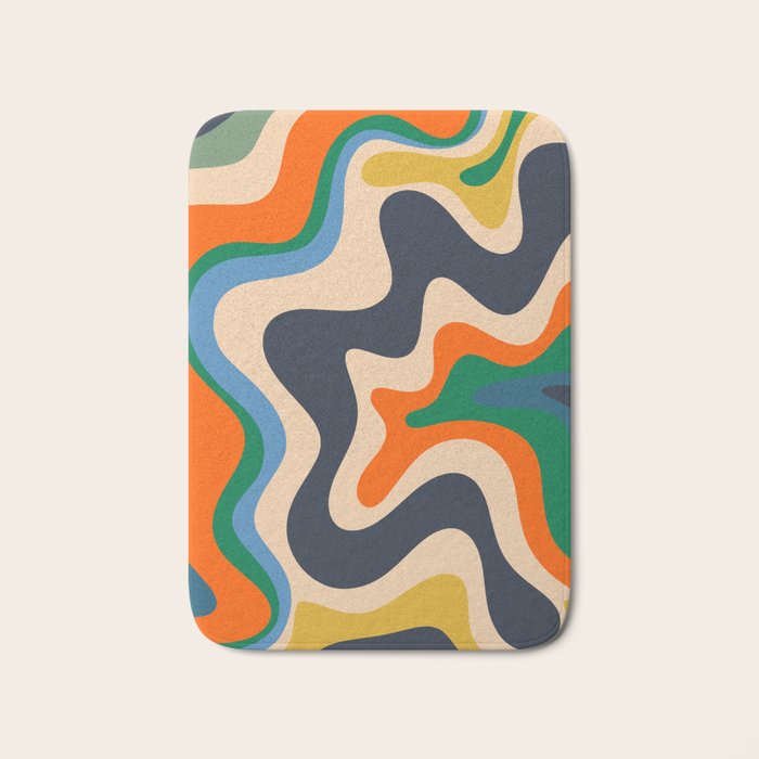 Retro Liquid Swirl Abstract Pattern Blue Beige Orange Mustard Green Bath Mat Gallery Image 1
