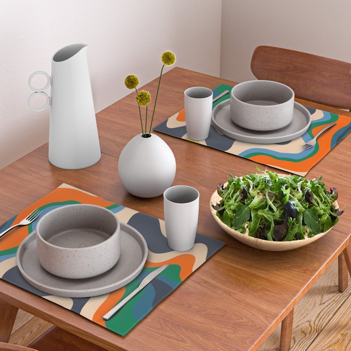 Retro Liquid Swirl Abstract Pattern Blue Beige Orange Mustard Green Placemat Gallery Image 2