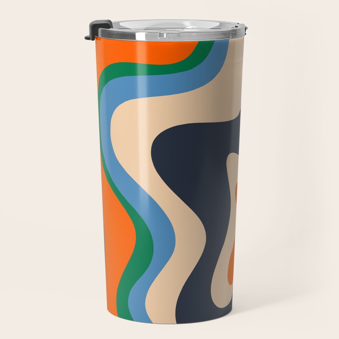 Retro Liquid Swirl Abstract Pattern Blue Beige Orange Mustard Green Travel Mug Gallery Image 3