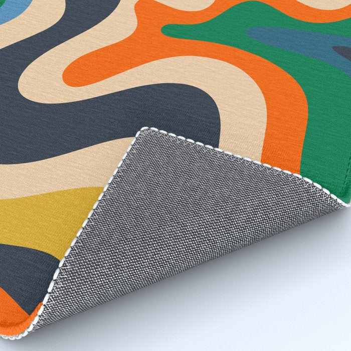 Retro Liquid Swirl Abstract Pattern Blue Beige Orange Mustard Green Rug Gallery Image 4