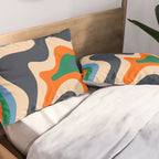 Retro Liquid Swirl Abstract Pattern Blue Beige Orange Mustard Green Pillow Sham Gallery Image 2