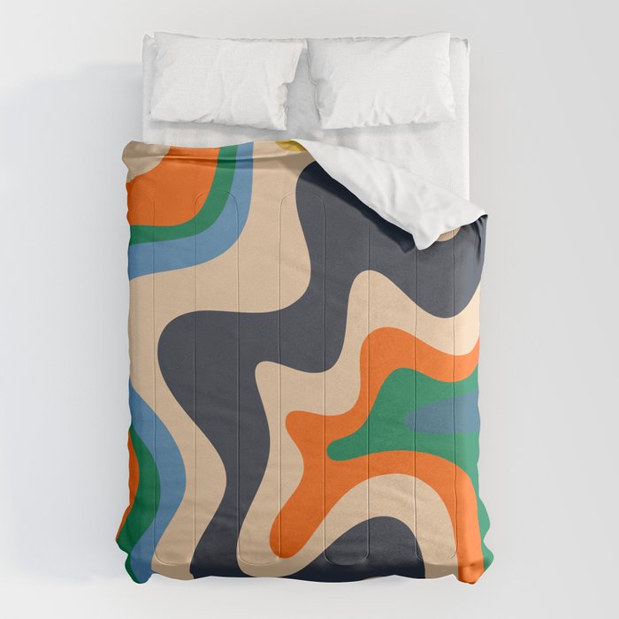 Retro Liquid Swirl Abstract Pattern Blue Beige Orange Mustard Green Comforter Gallery Image 1