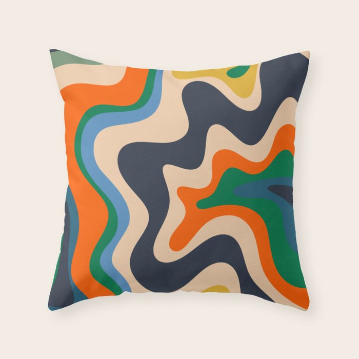 Retro Liquid Swirl Abstract Pattern Blue Beige Orange Mustard Green Throw Pillow Gallery Image 1