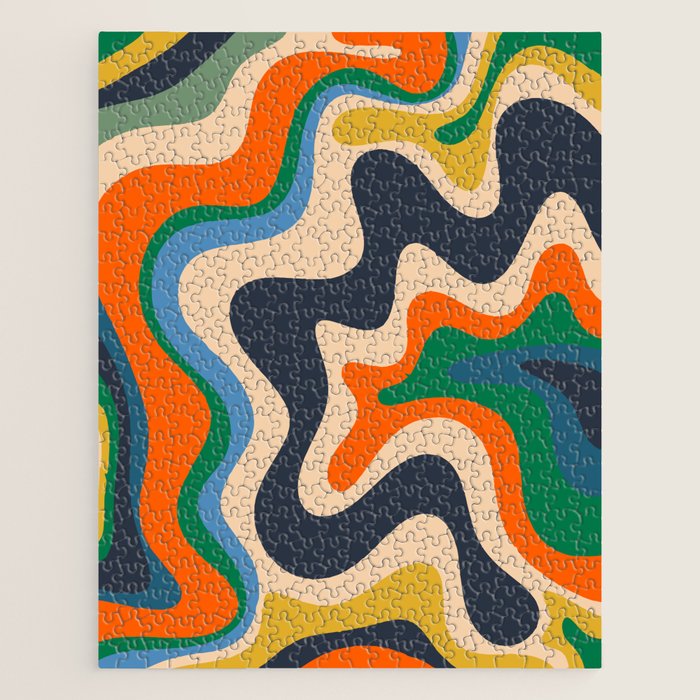 Retro Liquid Swirl Abstract Pattern Blue Beige Orange Mustard Green Jigsaw Puzzle Gallery Image 1