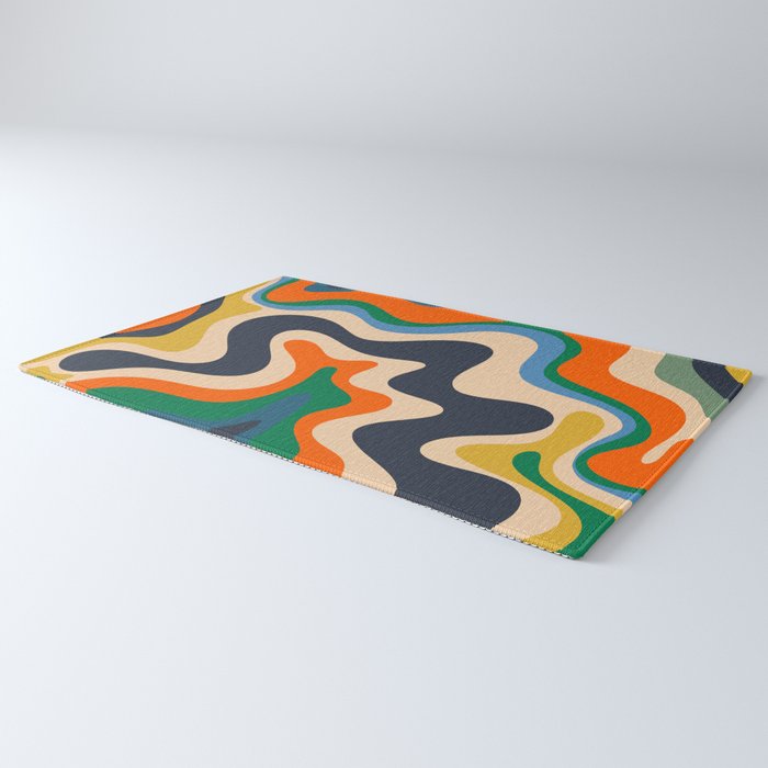 Retro Liquid Swirl Abstract Pattern Blue Beige Orange Mustard Green Rug Gallery Image 3