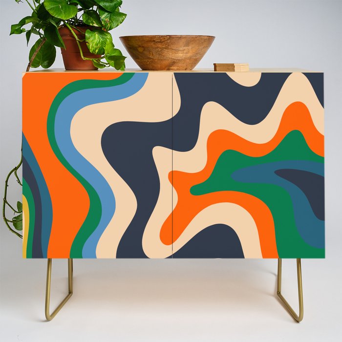 Retro Liquid Swirl Abstract Pattern Blue Beige Orange Mustard Green Credenza Gallery Image 1