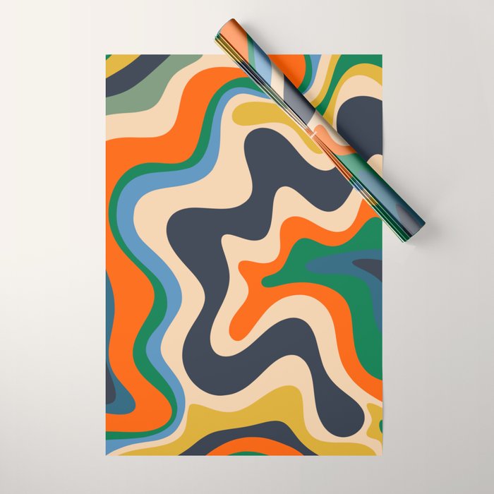 Retro Liquid Swirl Abstract Pattern Blue Beige Orange Mustard Green Wrapping Paper Gallery Image 1